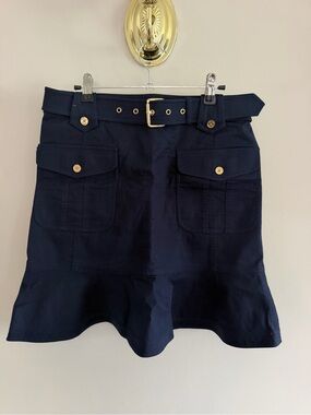 Tory Burch Navy Skirt with Orange Logo Tag and Gold Zipper